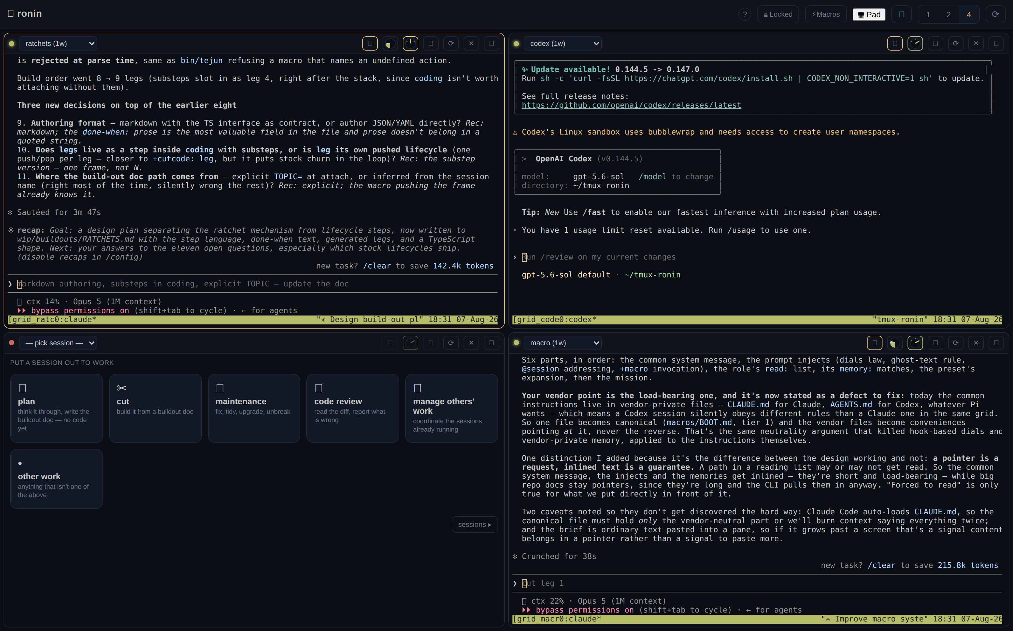Ronin's 2x2 grid in a browser: a Claude session at top left, an OpenAI Codex session at top right, the home panel at bottom left offering plan, cut, maintenance, code review and manage others' work, and a second Claude session on the macro system at bottom right.